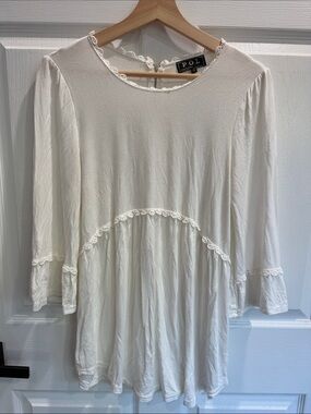 POL White Lace-Trim Long Sleeve Peasant Top